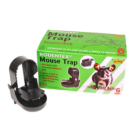 A Rodentex Mouse Trap from King Home & Garden, featuring a black trap with chocolate molasses bait, displayed next to its green packaging. The box highlights the easy setup and the 6-pack contents.